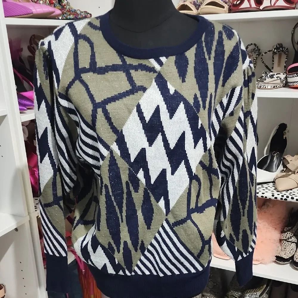 Geometric Patterned Sweater - Navy and Olive